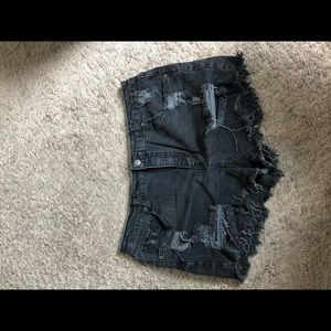 Black distressed denim shorts